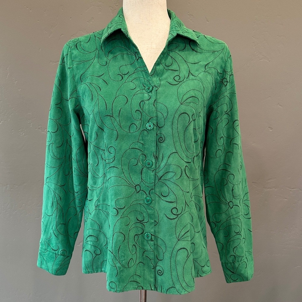Sag Harbor Petite Shirt PM Green Faux Suede Embroidered Swirl Boho Western Top